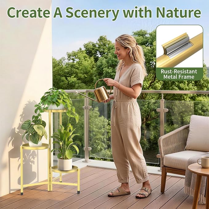 LASZOLA 3 Tier Large Plant Stand Indoor Tall with 10 Inch Metal Tray, Corner Folding Flower Display Rack, Modern Plant Holder Shelf for Outdoor Patio Porch Garden Office Living Room, Gold