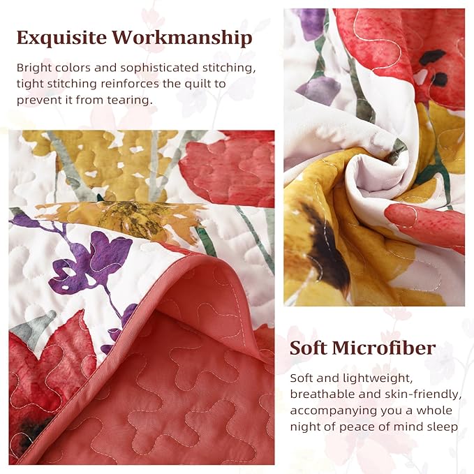 Anibedding Floral Quilt Set Queen Size, Red Bedspread 3 Pieces Botanical Flower Bedding Set Soft Microfiber for All Season (Queen, 96"x90")