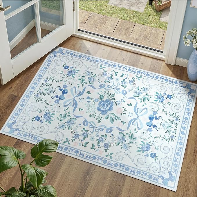 DCX Washable 2x3 Bow Rug, Blue Floral Rug for Girls’ Bedroom, Cute Soft Low Pile Indoor Décor Carpet, Kid & Pet Friendly Nursery Rug for Living Room, Dorm, Playroom