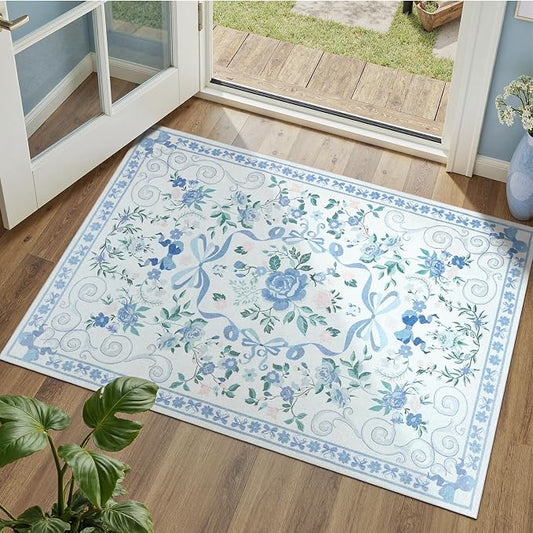 DCX Washable 2x3 Bow Rug, Blue Floral Rug for Girls’ Bedroom, Cute Soft Low Pile Indoor Décor Carpet, Kid & Pet Friendly Nursery Rug for Living Room, Dorm, Playroom