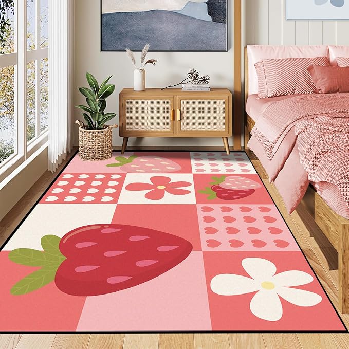 Strawberry Checkered Rug Cute Red Area Rug Love Flower Washable Carpet for Bedroom Living Room Nursery Kitchen Playroom Home Decor Soft Non Slip Floor Mat，6'x9'