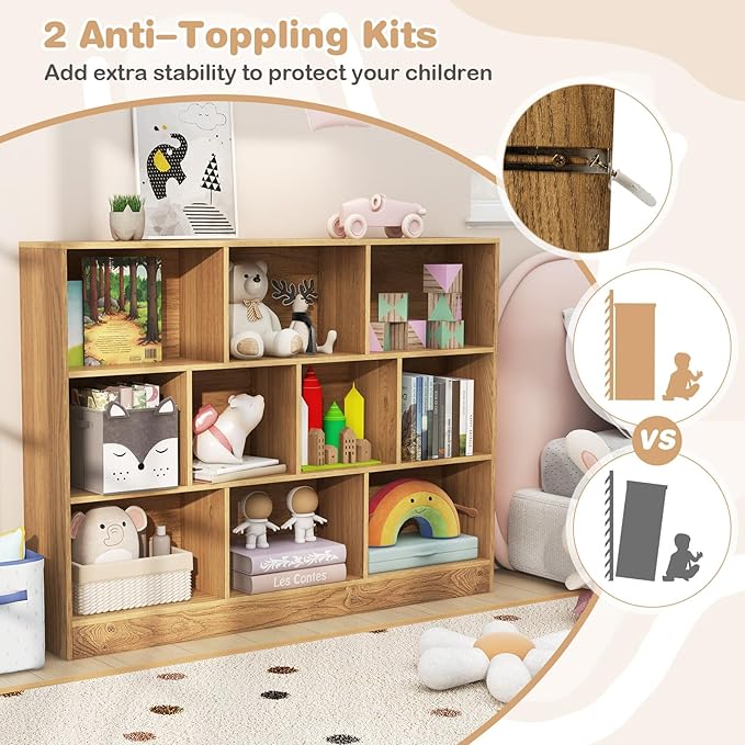 HONEY JOY Kids Toy Storage Organizer, 10-Section Wooden Floor Storage Cabinet, 41” Daycare Toy Chest, 3-Tier Kids Display Bookshelf for Classroom, Playroom & Nursery, Kindergarten (Natural)