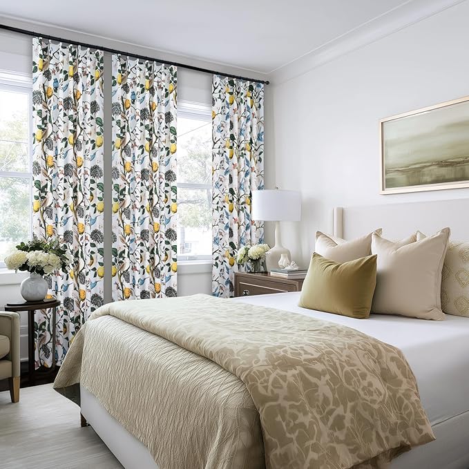 Blue White Vintage Floral Curtains 84 Inches Long for Living Room Bedroom Luxury Whimsical Lemon Hummingbird Patterned Waverly Mid Century Colorful Pinch Pleated Blackout Drapes 2 Panels