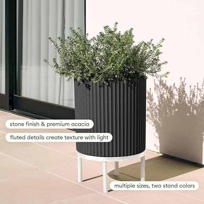 Veradek Demi Series Round Planter w/Stand for Porch/Patio | Durable Plastic-Stone Composite & Wooden Stand | Modern Décor for Tall Plants, Flowers