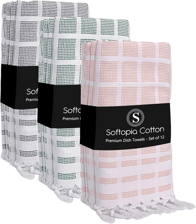 Matrix Dobby Kitchen Towels Set of 12, 100% Cotton, Combo Pack, 16"x26", Absorbent Tea Towels with Handmade Tassels, Reusable Cleaning Cloths - Beige, Forest Green, Grey