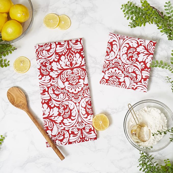 DII Cotton Dish Towel Set Damask Print, 18x28, Tango Red, 2 Count