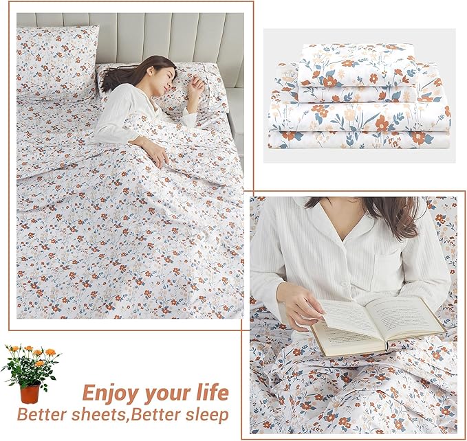 Softan Floral Queen Sheet Set Orange Flower Printed Bed Sheets - 4 Piece Soft Microfiber Patterned Fitted Sheets with 15" Deep Pocket and Corner Straps, Cute Spring Sheets & Pillowcase Set