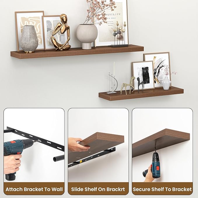 Heimlove 55 Inch Floating Shelves for Wall,Extra Long Mounted Storage wall Shelves with Invisible Metal Bracket for Bedroom Living Room Kitchen Office Set of 2,Walnut Color