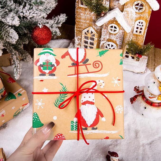 Yarcony Kraft Christmas Wrapping Paper Roll, Gnome Christmas Gift Wrapping Paper, Recycled Retro Festive Woodland Gnome Mushroom Gift Wrap Present Paper for Winter Holiday, Crafts (17 Inch X 33 Feet)