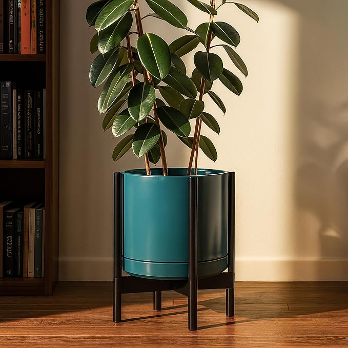 D'vine Dev Ceramic Planter with Ebony Stand - 14 Inch Modern Round Flower Pot with Wood Planter Holder, Teal, 55-B-S-4
