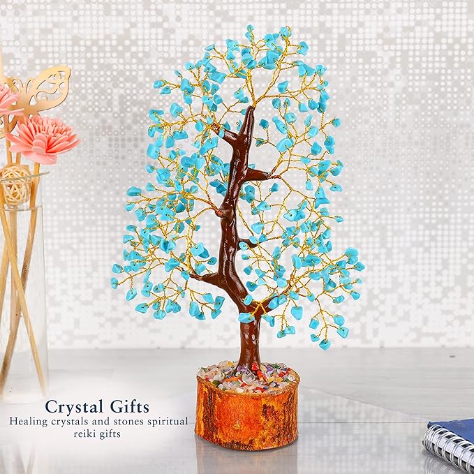 YATHABI Turquoise Crystal Sculpture - Feng Shui Money Tree - Good Luck, Positive Energy - Decorative Desk Accessory