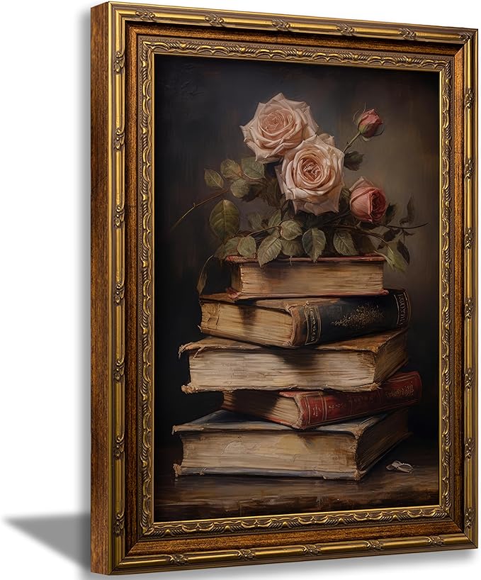 Vintage Gold Framed Retro Floral Books Wall Art Flowers Book Wall Decor Rose and Books Painting Pictures Retro Literary Pictures Artwork for study Gallery Living Room Bedroom 16X24in