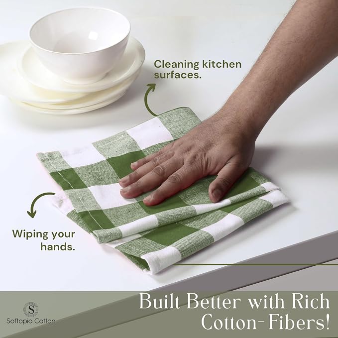 Mint Green and White Buffalo Check Kitchen Towels, 16x26 Inches, 4 Pack, 100% Cotton Dish Cloths, Reusable Hand Towels for Drying Glassware, Cleaning Spills, Farmhouse Plaid Towel