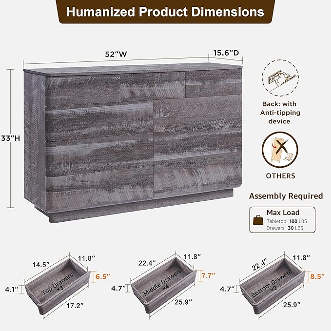 ACCOHOHO Modern 9 Drawer Dresser for Bedroom, 52" Wide Wooden Dressers with Large Storage,Handleless Chest of Drawers TV Stand for Living Room & Hallway, Curved Profile Design, Grey