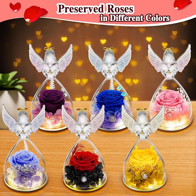 LURLIN Birthday Gifts for Women - Preserved Flowers & Glass Angel Figurines with LED Rose for Mom, Grandma, Wife, Friend, Teacher, Nurse, Anniversary Day Girls Gift