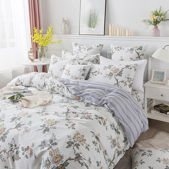 FADFAY Duvet Cover Set Elegant Floral Bedding Shabby Beige Bird Flower Quilt Cover Set Vintage Farmhouse Bedding 100% Cotton Comforter Cover Set with Zipper Closure 3Pcs, King/California King Size