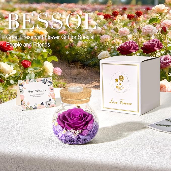 Christmas Birthday Gifts for Women Mom Preserved Purple Rose Eternal Forever Flower in Glass Wishing Bottle with LED Light Flowers for Delivery Prime for Grandma Wife Sister Friend from Daughter