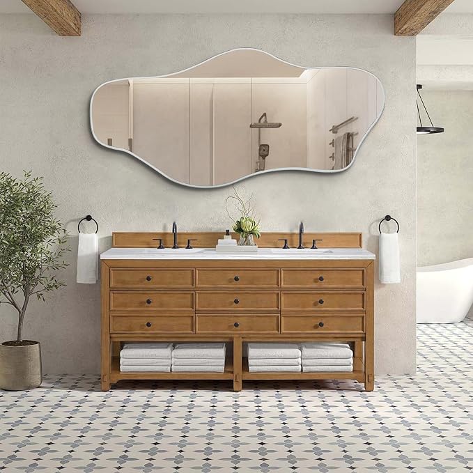 Large Irregular Wall Mirror, 63"x30" Silver Asymmetrical Tempered Glass Mirror, Frameless Organic Shaped Mirrors for Entryway Hallway Bedroom Living Room, Horizontal or Vertical Hanging