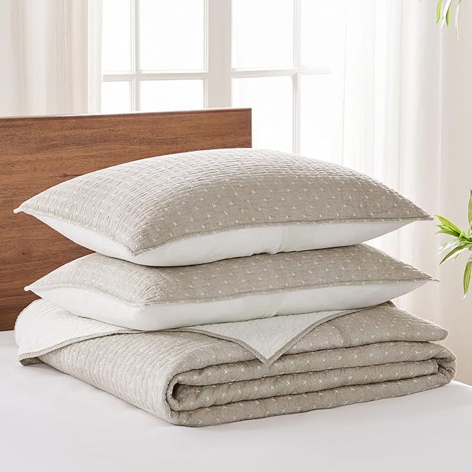 Levtex Home Cross Stitch Reversible Full Bedspread Set (100x104in) with 2 Pillow Shams (26x20in) - Stitch Texture - Taupe - 100% Cotton Full Size Bedspread Set - Lightweight, Soft, Pre-Washed