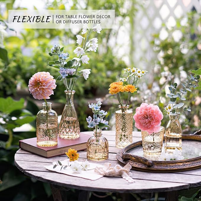 24pcs Glass Bud Vase Set, Small Gold Amber Flower Vases for Centerpieces in Bulk, Mini Vintage Vase for Wedding, Home,Table Decoration