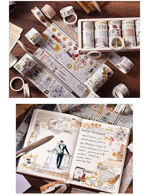 18 Rolls Vintage Washi Tape Set, Newspaper Building Map Retro Masking Tape 5/10/15/20/25/30/50/75mm Wide 6.56ft Long Decorative Scrapbook Tape for journaling, Scrapbooking Supplies, Junk Journal Craft