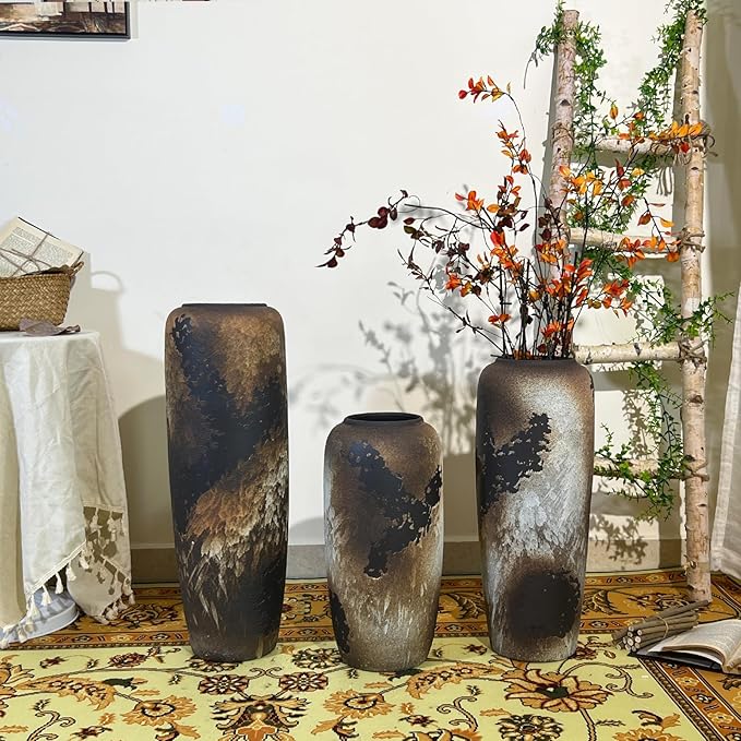 Black Rustic Ceramic Tall Floor Vase, 19.7 Inch Vintage Large Farmhouse Vase Pottery Clay Terracotta Rustic Vases for Home Decor Living Room Entryway Table Centerpieces,Kitchen,Housewarming Gifts