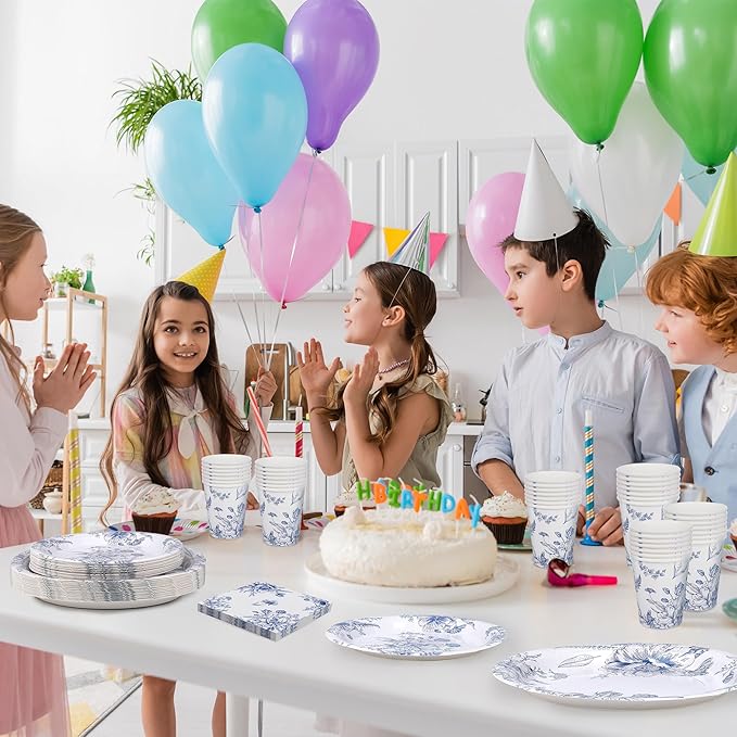 96 Piece Blue and White Floral Disposable Party Supplies Elegant Floral Paper Plates, Cups, and Napkins 9 Inch and 7 Inch Plates Serves 24 Guests for Birthday or Baby Shower