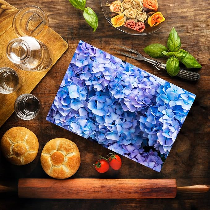 Blue Hydrangea Floral Pattern Flower Love Kitchen Glass Cutting Board Decorative Valentine's Mother's Day Gift For Her Flowers (Blue Hydrangea)
