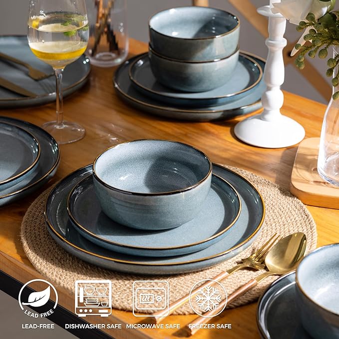 GBHOME 32 Pieces Double Bowls Ceramic Dinnerware Sets for 8, Stoneware Plates and Bowls Set with Reactive Glaze, Scratch Resistant Stoneware Dishes Set, Dishwasher & Microwave Safe