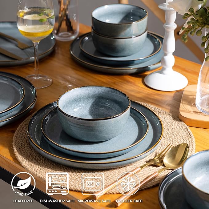 GBHOME 24 Pieces Double Bowls Ceramic Dinnerware Sets for 6, Stoneware Plates and Bowls Set with Reactive Glaze, Scratch Resistant Stoneware Dishes Set, Dishwasher & Microwave Safe