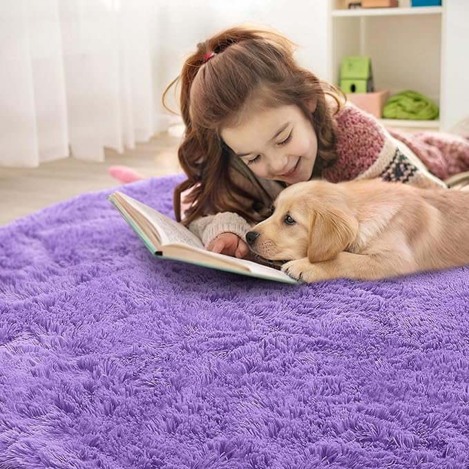 OLANLY Purple Round Rugs for Bedroom - Machine Washable, 8 ft Circle Area Rugs for Living Room, Soft and Fluffy Shaggy Carpet for Teen Girls and Boys, Nursery Rooms, Dorms, Home Decor Aesthetic