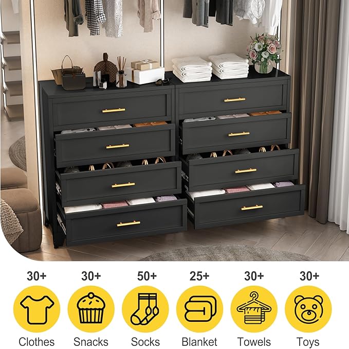 43.11" Tall Metal Dresser for Bedroom, 4 Drawer Black Dresser Chest with Gold Handles, Closet Dressers Chests with Fluted Panel, Vertical Storage Cabinet for Living Room, Entryway, Hallway