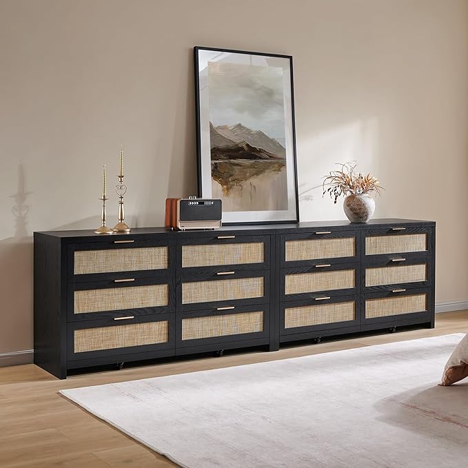 SICOTAS Rattan Dresser for Bedroom, 57" Wide 6 Drawer Dresser with Ample Storage, Wooden Dressers Large Chest of Drawers, Closet, Boho TV Stand for Bedroom (Black Oak, 1 Piece)