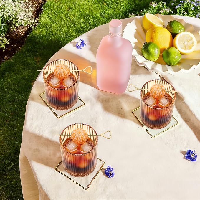 14 oz Ribbed Drinking Glasses Set of 6, High Clear Vintage Iced Coffee Cups Elegant Glassware, Highball Glass Cups Ridged Glass Tumbler for Cocktail, Whiskey, Beer, Water, Juice, Origami Style Amber