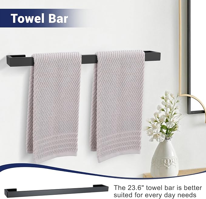 Matte Black Bathroom Hardware Set, 4-Piece Bath Towel Bar Set SUS304 Stainless Steel Towel Rack Set for Bathroom, 23.6 inches Bathroom Towel Holder Set Wall Mounted
