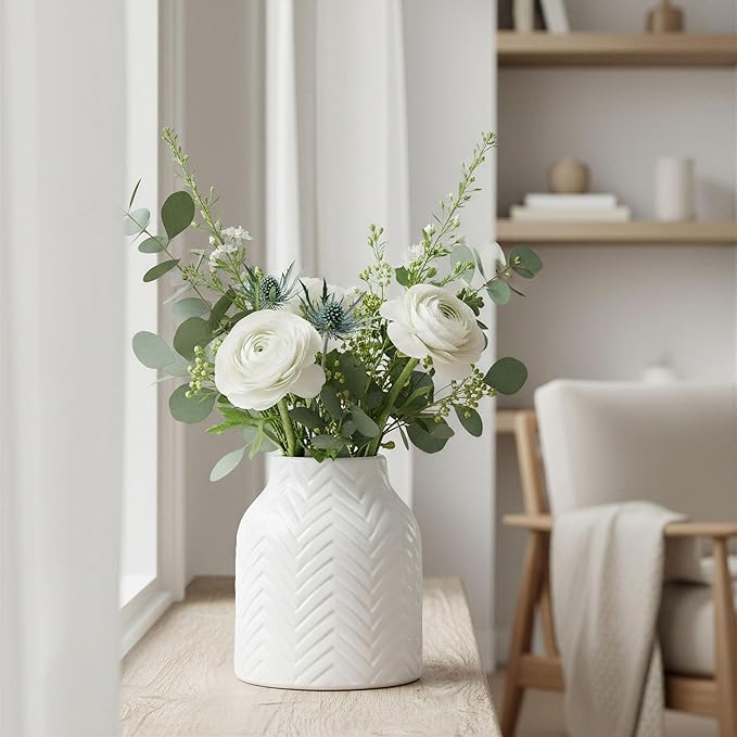 hjn White Vase for Flowers Ceramic Vase for Decor, Modern Decorative Vase, Vases for Your Kitchen/Office/Living Room/Bookshelf/Mantel - White Texture(Small)