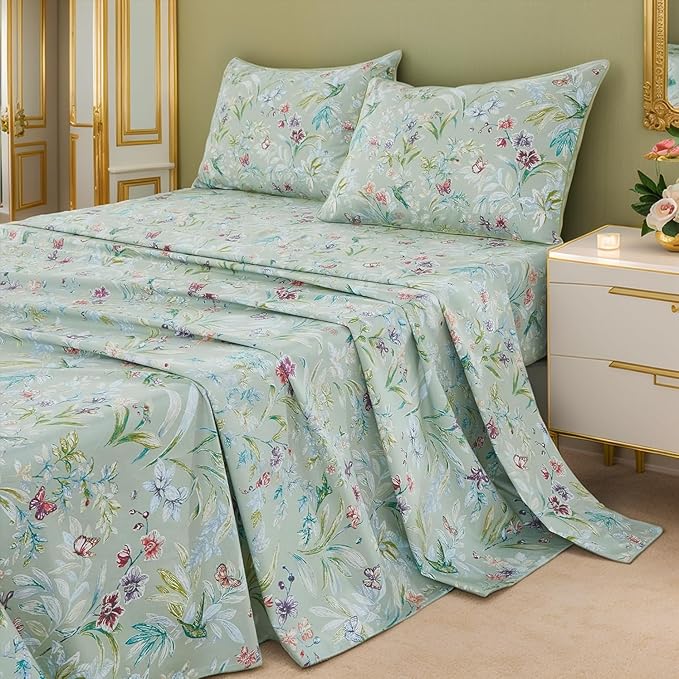 Brandream Garden Style Butterfly Floral Bedding Elegant Watercolor Painting Farmhouse King Size Bed Sheets Set Luxury Bedding Collections 800TC 100% Egyptian Cotton Deep Pocket, 4Pc Green