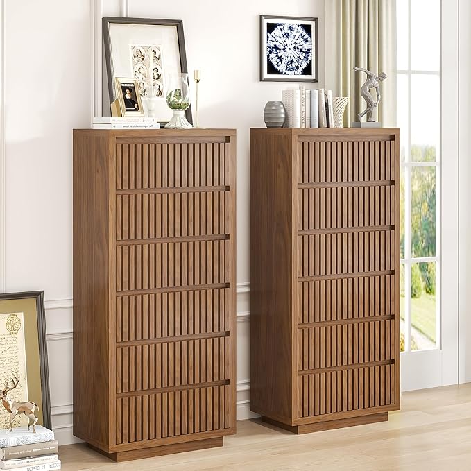 Fluted Tall 6 Drawer Dresser, Mid Century Dresser for Bedroom, 45 Inch Wood Chest of Drawers, Modern Closet Clothes Organizer, Walnut Wooden Storage for Living Room, Brown