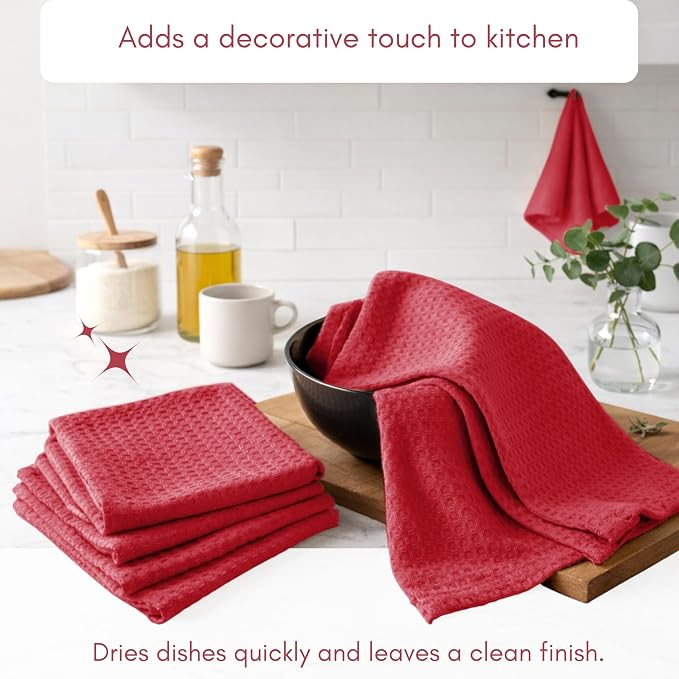 TWINY threads Waffle Dish Towel, 4 Pack, 16x26 Inch, Premium Large 100% Cotton Kitchen Linen Set, Absorbent Cloth for Drying Dishes, Cookware, Quick Drying, Reusable & Machine Washable Wash Rags, Red
