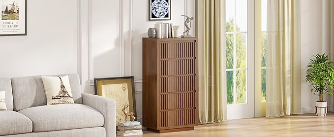 Fluted Tall 5 Drawer Dresser, Mid Century Dresser for Bedroom, 45 Inch Wood Chest of Drawers, Modern Closet Clothes Organizer, Walnut Wooden Storage for Living Room, Brown