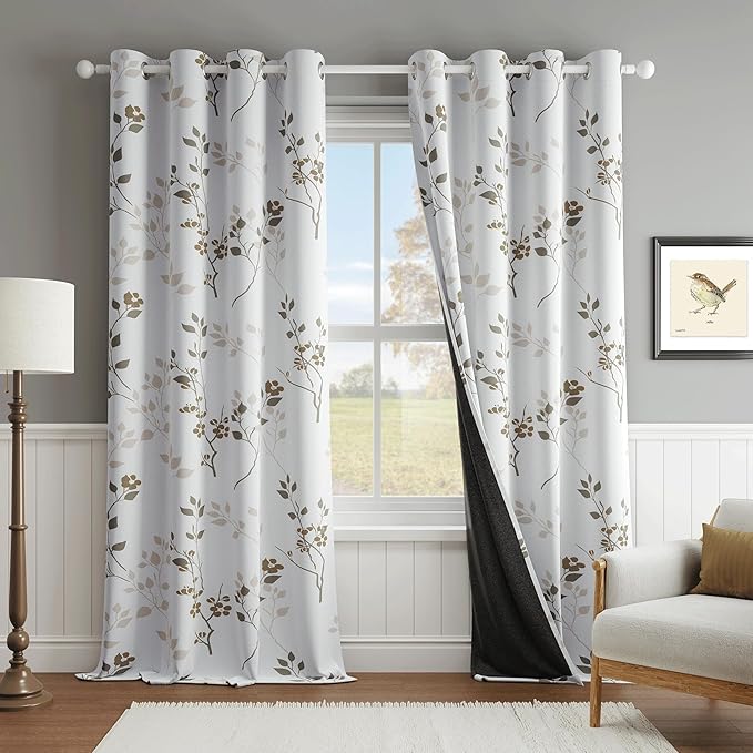 Beauoop Floral 100% Blackout Curtains 108 Inches Long 2 Panels for Bedroom Living Room Tan Brown and White Flower Patterned Room Darkening Thermal Soundproof Grommet Window Treatments Drapes, 52X108
