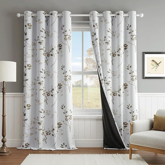 Beauoop Floral 100% Blackout Curtains 90 Inches Long 2 Panels for Bedroom Living Room Tan Brown and White Flower Patterned Room Darkening Thermal Soundproof Grommet Window Treatments Drapes, 52X90