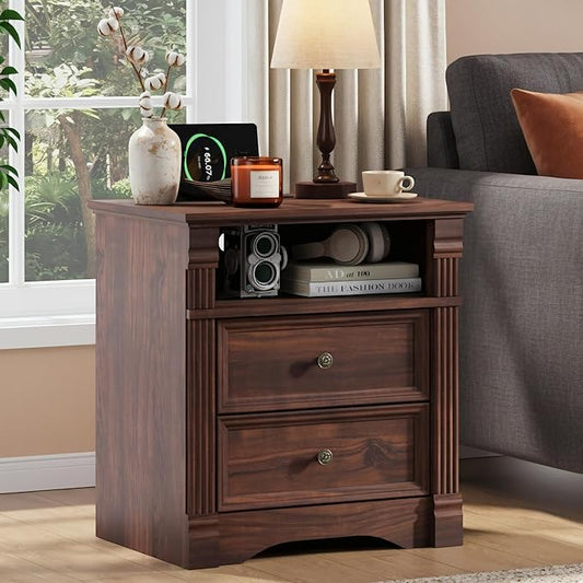 Walnut Nightstand with Charging Station, Farmhouse Bedside Table, End Table with 2 Drawers and Chic Wood Pilasters Design, Wood Side Table with Metal Handles for Bedroom, Living Room