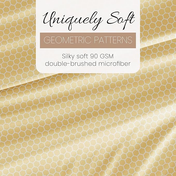 Linen Market Patterned Microfiber Queen Sheet Set 4 Piece – Oeko-TEX Certified Ultra Soft & Wrinkle-Free - 16" Deep Pocket Sheets - Easy Care Queen Size - Honeycomb Yellow
