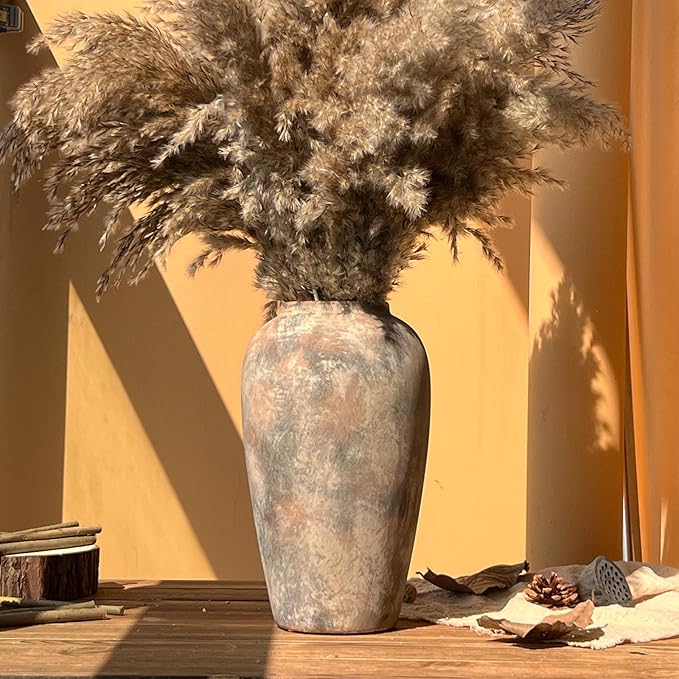 12 Inch Vintage Farmhouse Decor Ceramic Rustic Vase, Handmade Brown Flower Vases for Centerpieces, Living Room & Kitchen Shelf Decorative Pottery Vase for Home Decor