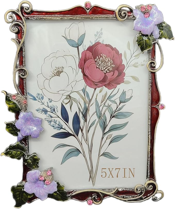 Vintage Floral Picture Frame Luxury Unique Ornate Antique 4X6 Photo Frame of HD Glass for Tabletop/Wall Display Gifts for Women (Retro Purple Flowers with Red Edges)