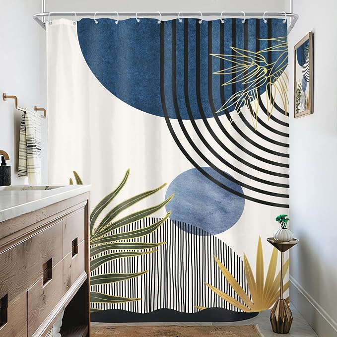 KOMLLEX Mid Century Blue Green Boho Shower Curtain for Bathroom Decor 54Wx78H Inches Abstract Modern Minimalist Chic Plants Arch Curve Leaves Sun Fabric Waterproof Polyester 12 Pack Hooks Pack Hooks