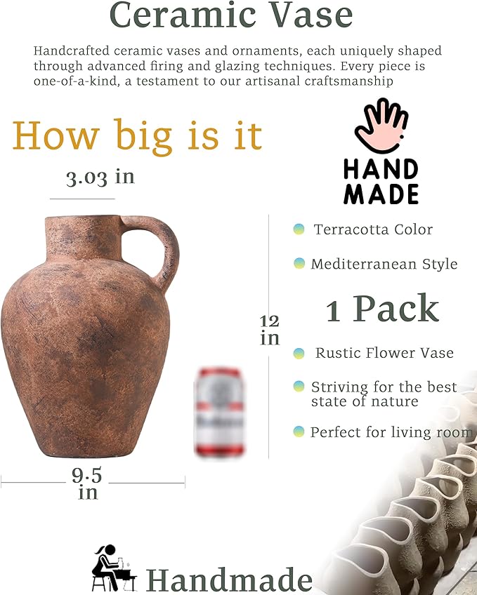 UPWOIGH 12in Tall Vintage Single Handle Terracotta Vase, Rustic Brown Ceramic Pottery Jug with Distressed Black Markings, Mediterranean Farmhouse Table or Mantel Decor, Antique Gift 1Pack