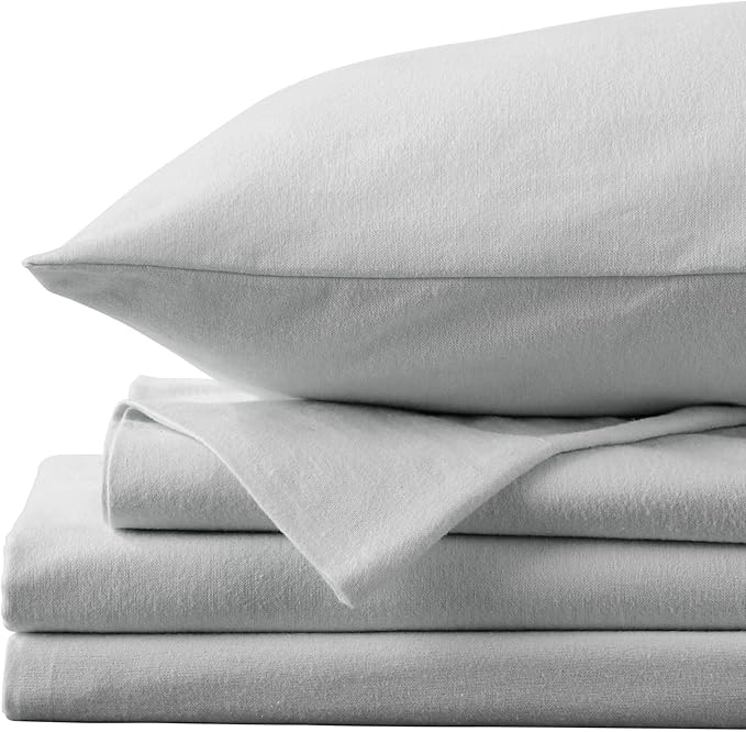 Market & Place 100% Cotton Full Flannel Sheet Set | 4 Piece Deep Pocket Solid Cozy Winter Bed Sheets | Double Brushed for Extra Softness & Comfort | Chalet Collection (Full, Light Grey)