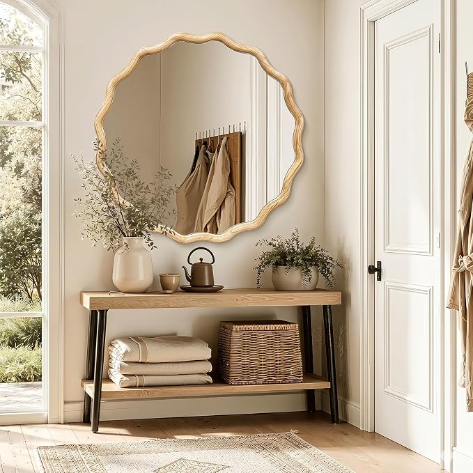 Circle Wood Mirrors for Wall, Wavy Round Bathroom Scalloped Mirror Wooden Frame 36 Inch for Living Room Farmhouse Bedroom Hallway Entryway Living Room with Shatterproof Glass Wall Mounted